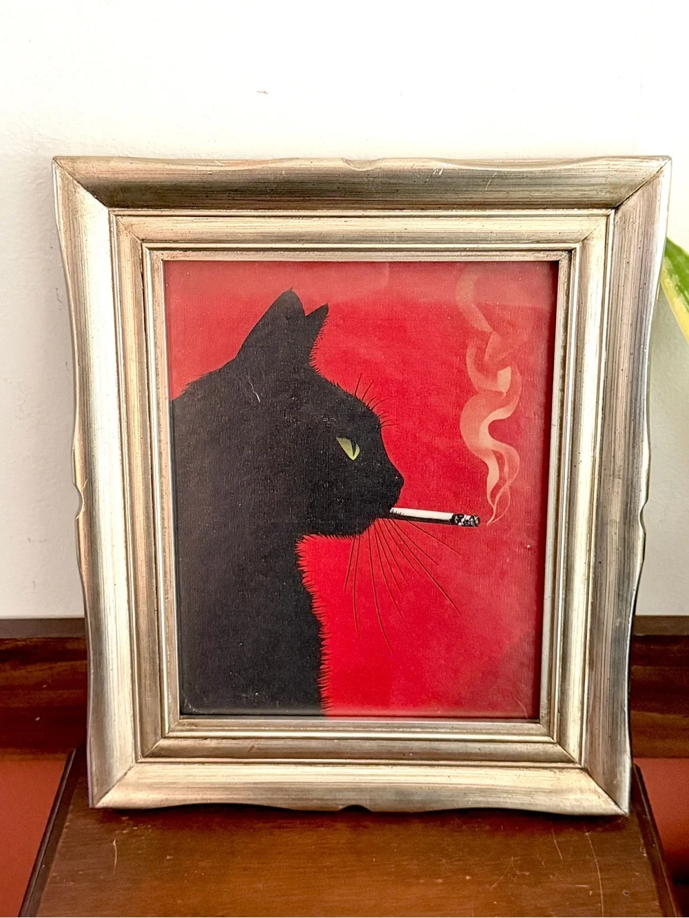 Black Cat Smoking a Cigarette Ornate Silver Framed Canvas Art Print Wall Hanging